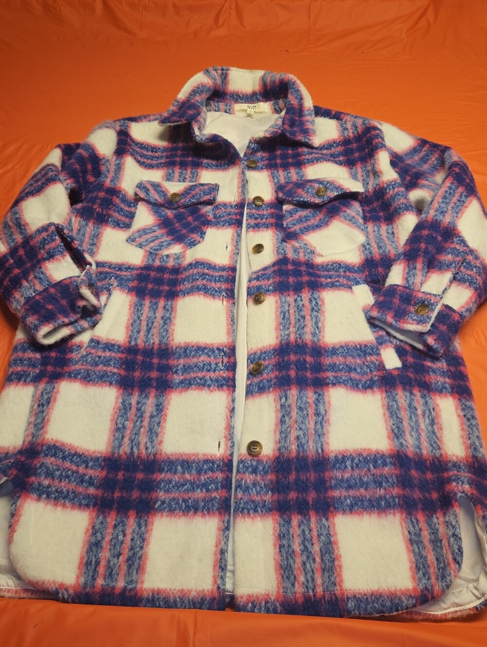 Madden NYC Plaid Longline Shacket Size Medium Warm Fuzzy Pink, Blue, White EUC